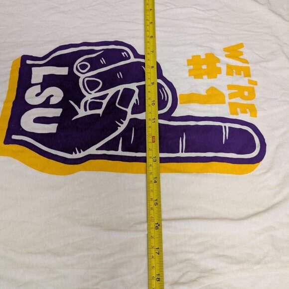 LSU TIGERS We're #1 Shirt Mens Medium White Purple Ringer Finger Retro Style - Picture 10 of 16